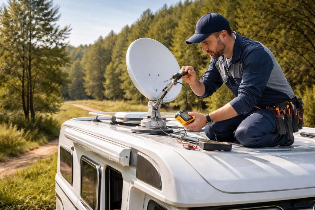service professionnel de réparation de parabole pour camping-car : dépannage rapide, installation et entretien pour profiter pleinement de la télévision en voyage.